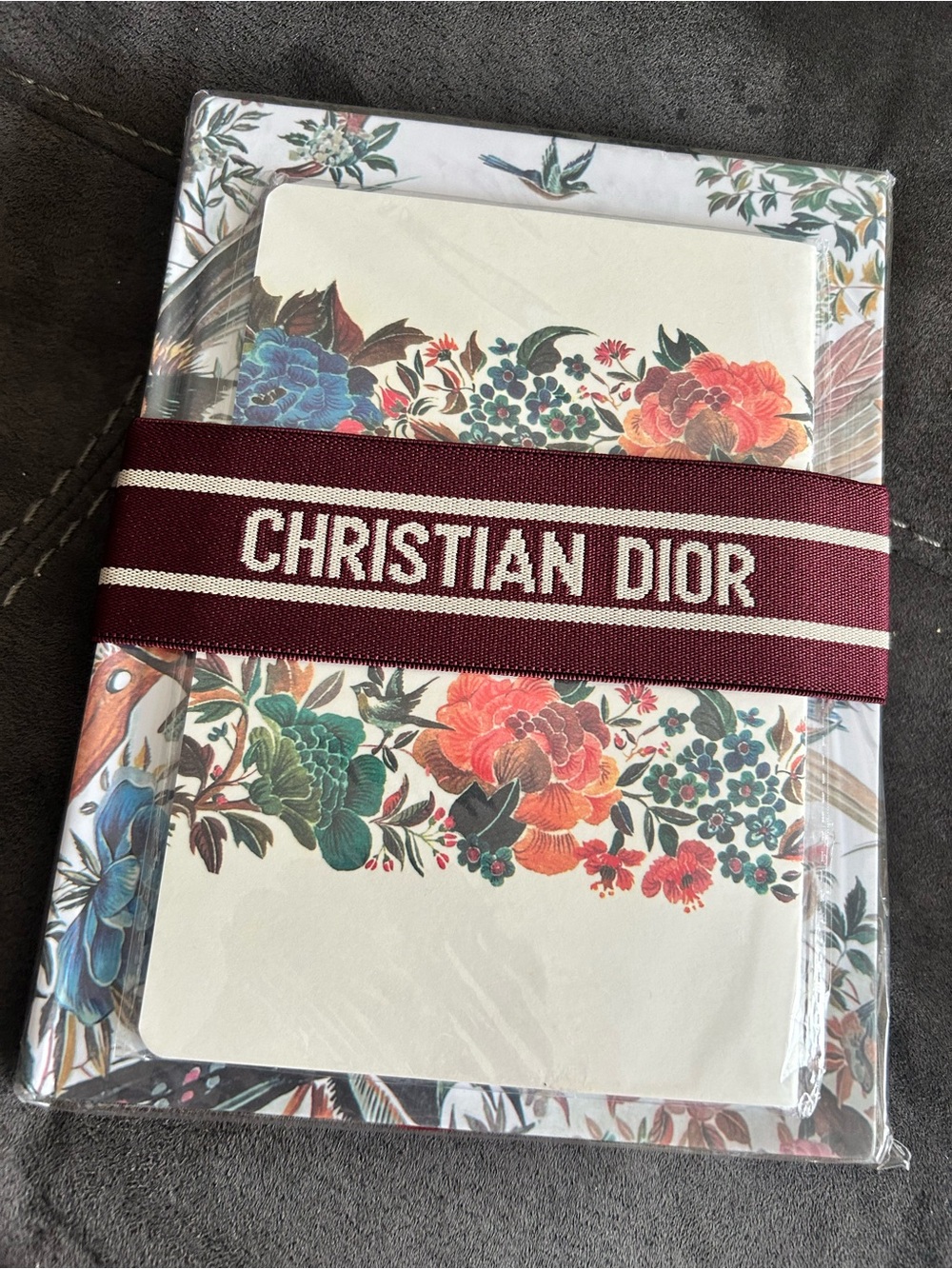 Christian Dior Floral Notebook Set with Burgundy Band and Multicolor Blooms